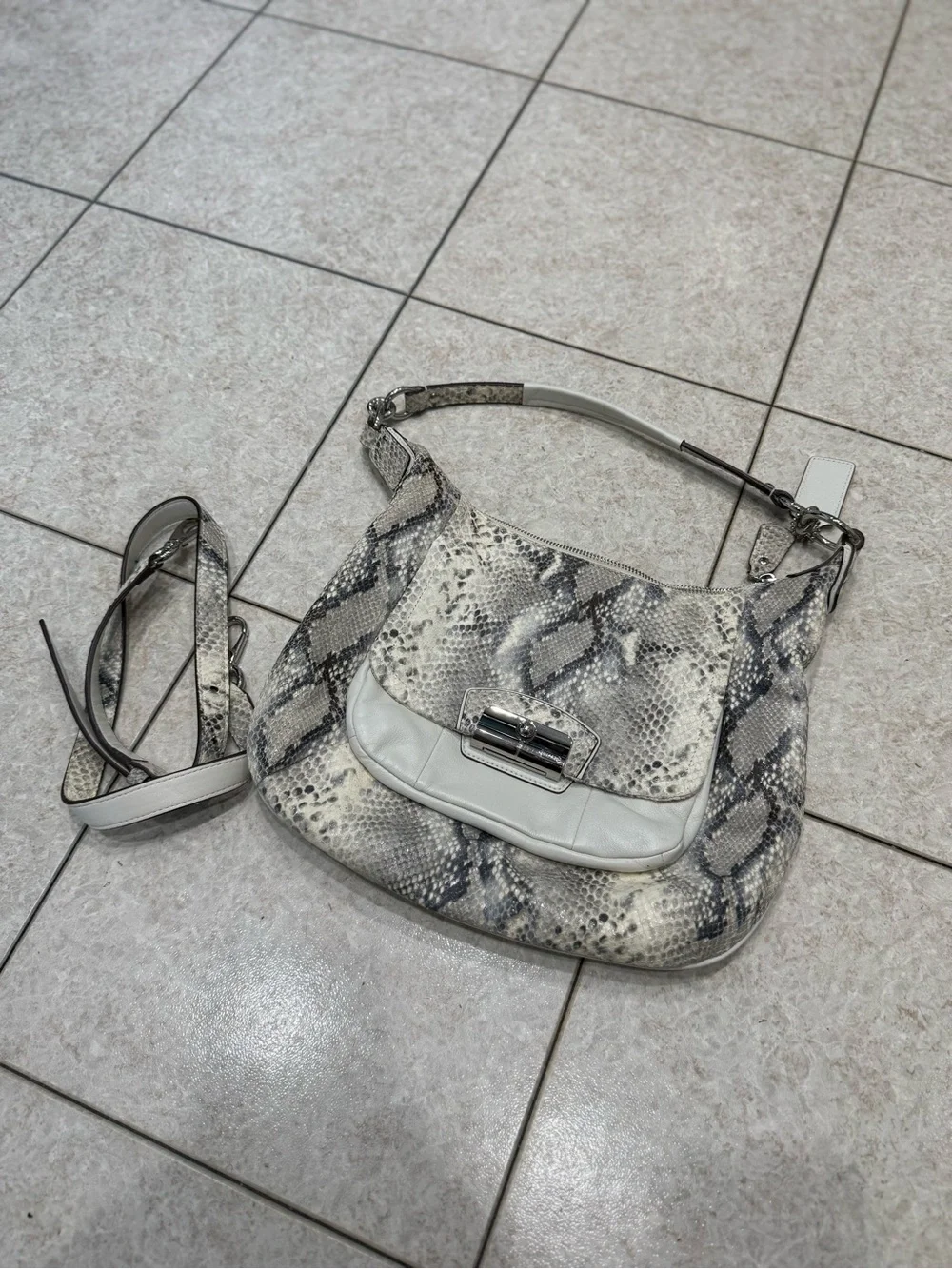 Coach Snakeskin-Print Hobo Shoulder Bag in Cream and Gray L1169-19323